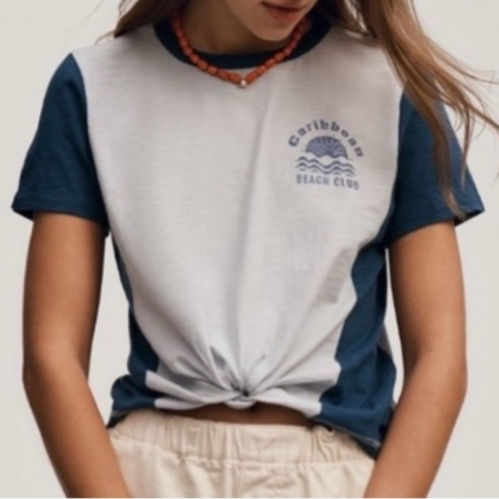 🟠NWT PILCRO by ANTHROPOLOGIE “The Bennie” Cotton-Slub Tee - Light and Royal Blue